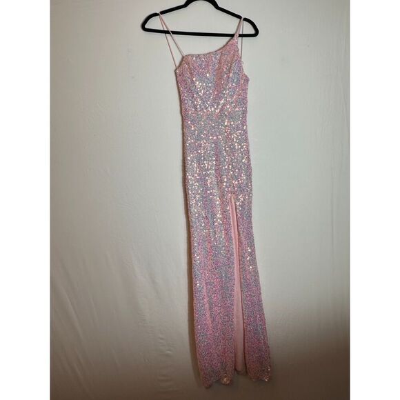 Midnight Doll One Shoulder Pink Sequin Gown with Front Slit Size 0 - Picture 2 of 7